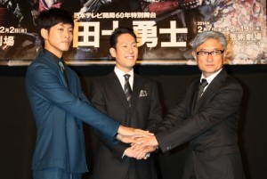 左から、松坂桃李、中村勘九郎、堤幸彦、日本テレビ開局60年特別舞台『真田十勇士』製作発表記者会見にて