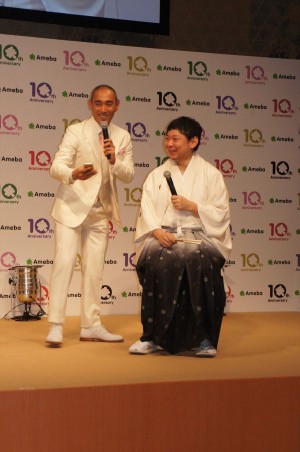 市川海老蔵、鈴木おさむ、「Ameba」の新CM発表会にて