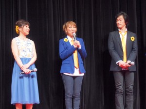 『名探偵コナン 業火の向日葵』完成披露試写会に登場した山崎和佳奈、高山みなみ、小山力也