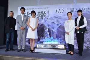 ドラマ『氷の轍』制作発表記者会見に出席した、沢村一樹、柴崎コウ、宮本信子、余貴美子