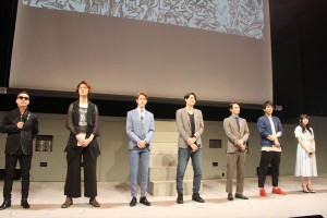 左からムッシュ吉﨑(クリスタルキング)、林野健志、花園直道、寿里、河合龍之介、磯貝龍虎、水希蒼(A応P)、舞台『北斗の拳‐世紀末ザコ伝説‐』制作発表に登壇
