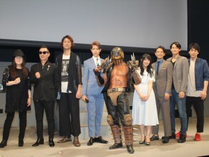 左からアケミ・S・ミラー、ムッシュ吉崎、林野健志、花園直道、ジャギ、水希蒼、河合龍之介、寿里、磯貝龍虎、舞台『北斗の拳‐世紀末ザコ伝説‐』制作発表に登壇