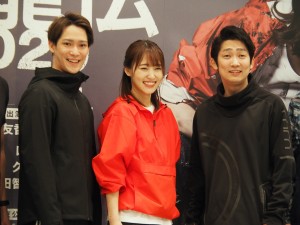 『飛龍伝2020』囲み取材に登場した(左から)味方良介、菅井友香、石田明