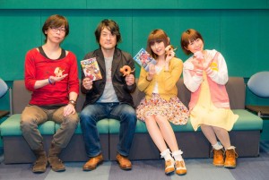 アニメ『どーにゃつ』声優キャスト集合（左から間島淳司、藤原啓治 田村ゆかり、林沙織）