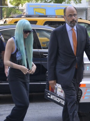 ターコイズブルーのウィッグで弁護士と共に出廷するアマンダ