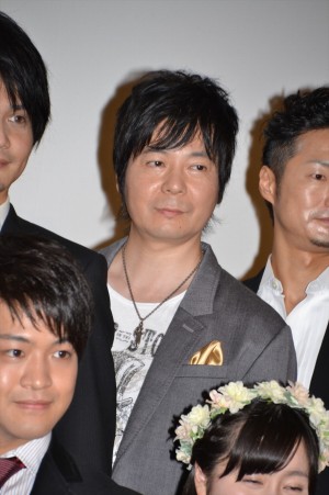 『聖闘士星矢　LEGEND of SANCTUARY』完成披露会見・舞台あいさつに出席した（前列から）石川界人、（後列左から）井上剛、真殿光昭、川田紳司