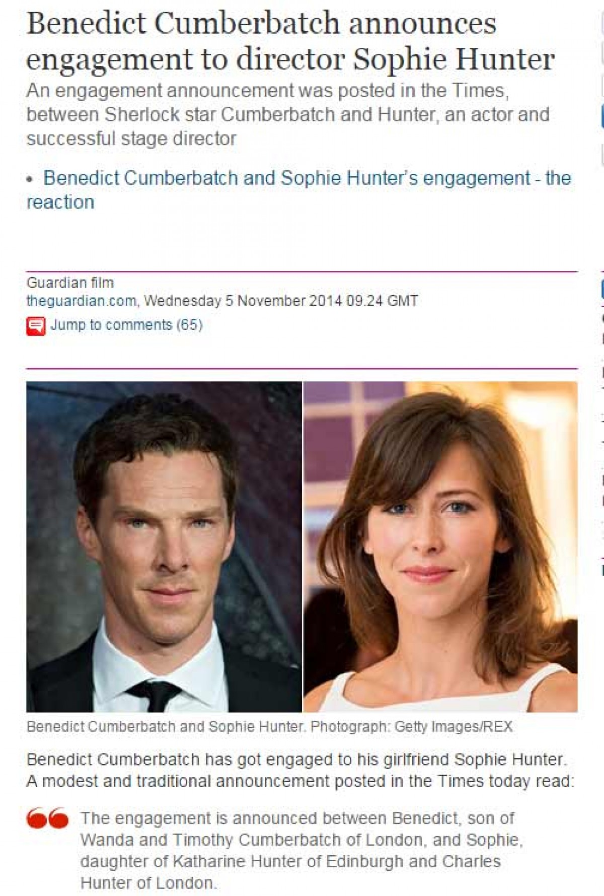 ベネディクト・カンバーバッチ、英紙で婚約発表　お相手は噂の舞台監督