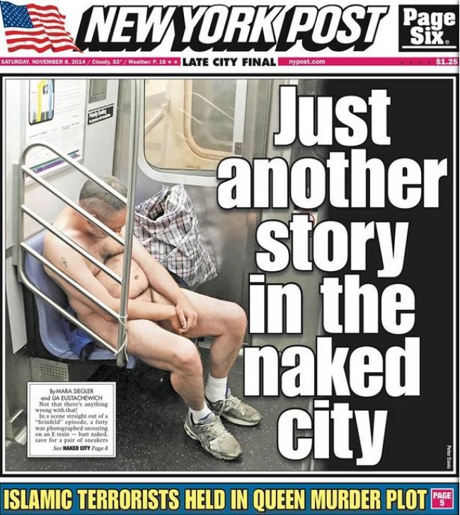 ニューヨーク・ポストの表紙に載ってしまった、ほぼ全裸の男性