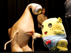 染谷将太・ミギー・ふなっしー、映画『寄生獣』上映会にて、映画『寄生獣』上映会にて