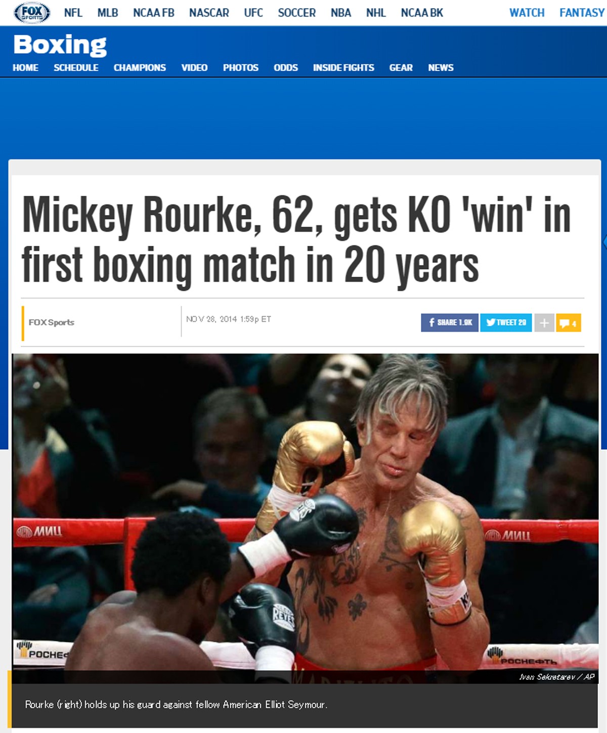 62歳のミッキー・ローク、ボクシング復帰！ 33歳年下のボクサーに勝利