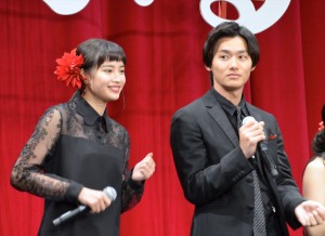 映画『ちはやふる　上の句』完成披露試写会に登壇した広瀬すず、野村周平