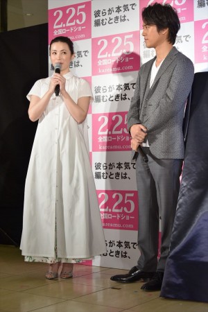 『彼らが本気で編むときは、』の編みポスターお披露目イベント＆完成披露舞台挨拶に出席した、桐谷健太、ミムラ