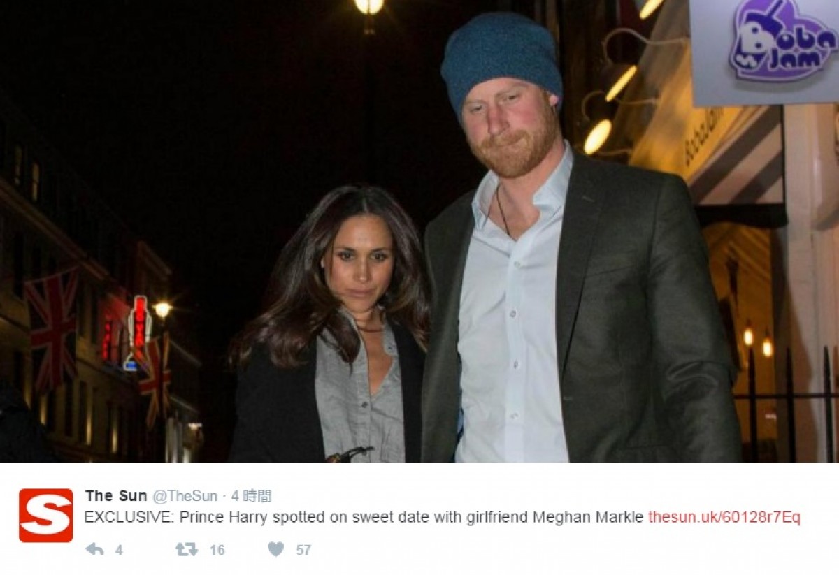 真剣交際が噂されるヘンリー王子と女優メーガン・マークル ※「The Sun」のツイッター