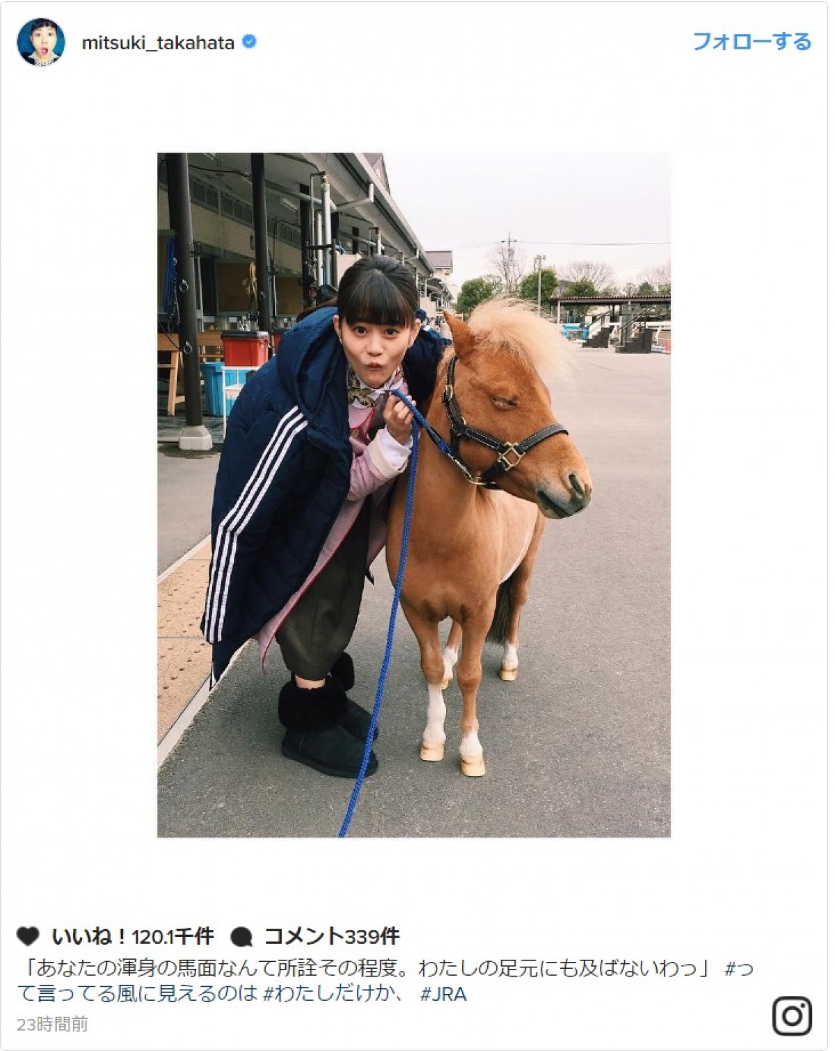 高畑充希、渾身の馬面を披露に反響「かわいすぎるよ!」 ※「高畑充希」インスタグラム