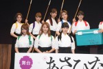 前列左から、北野日奈子、衛藤美彩、堀未央奈。後列左から、生駒里奈、若月佑美、新内眞衣、井上小百合、齋藤飛鳥。映画『あさひなぐ』キャスト発表会にて