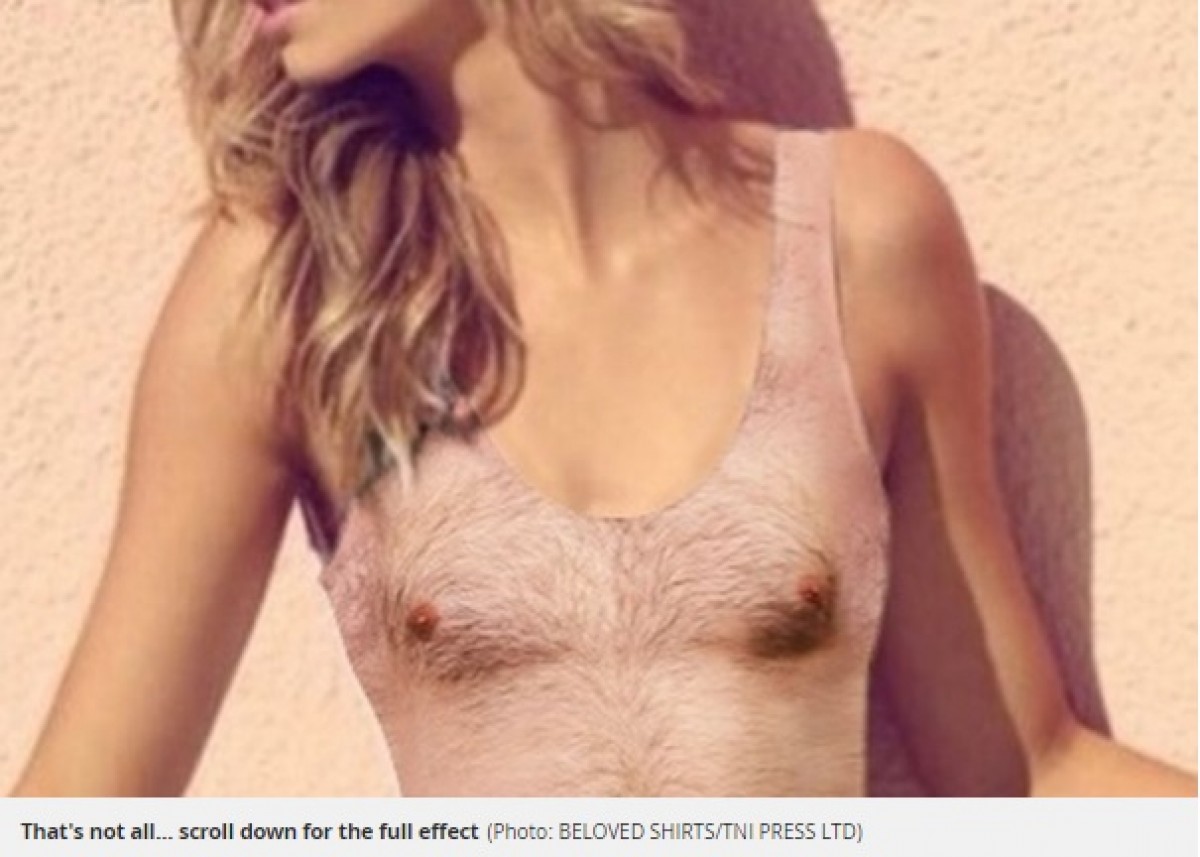 女性用“胸毛プリント”水着が物議を醸す　※海外メディア「Mirror Online」のスクリーンショット