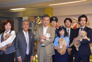 左から浅野温子、寺島進、渡部篤郎、横山だいすけ、橋本環奈、長谷川朝晴、三浦翔平、『警視庁いきもの係 』記者会見に登場
