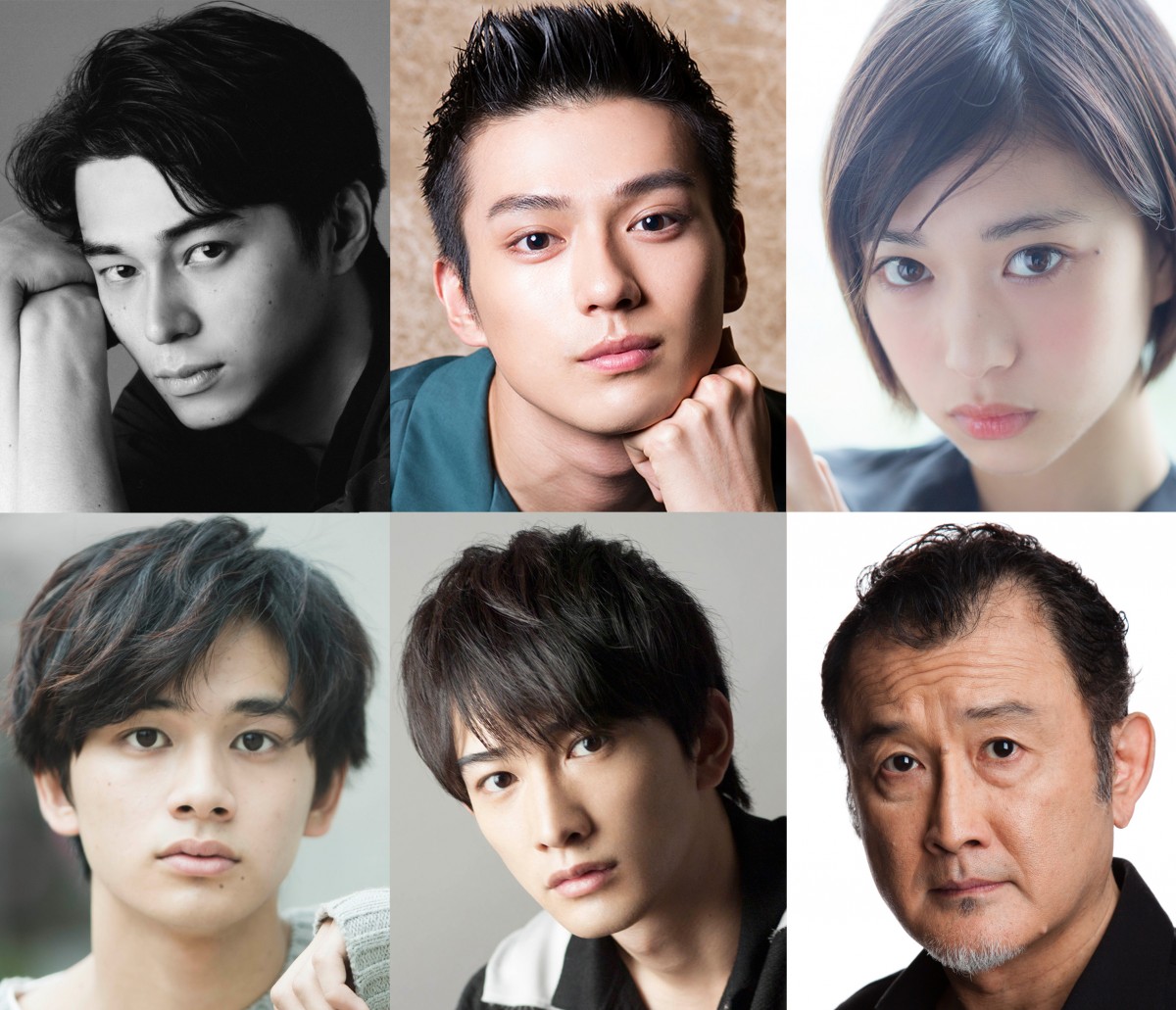 映画『OVER DRIVE』キャスト陣。(上段左から)東出昌大、新田真剣佑、森川葵。(下段左から)北村匠海、町田啓太、吉田鋼太郎。