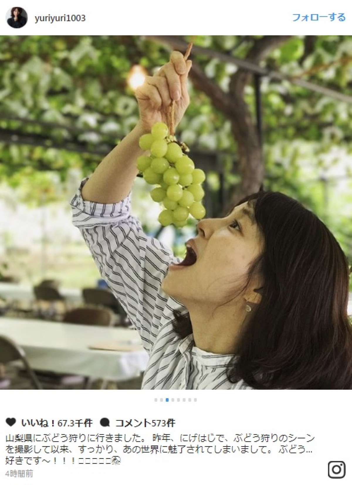 石田ゆり子、ぶどう狩りショット公開　『逃げ恥』ファンから懐かしむ声続々