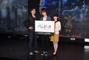 『河森正治 NEW PROJECT BRIEFING 』発表会に出席した河森正治、前野智昭、東山奈央