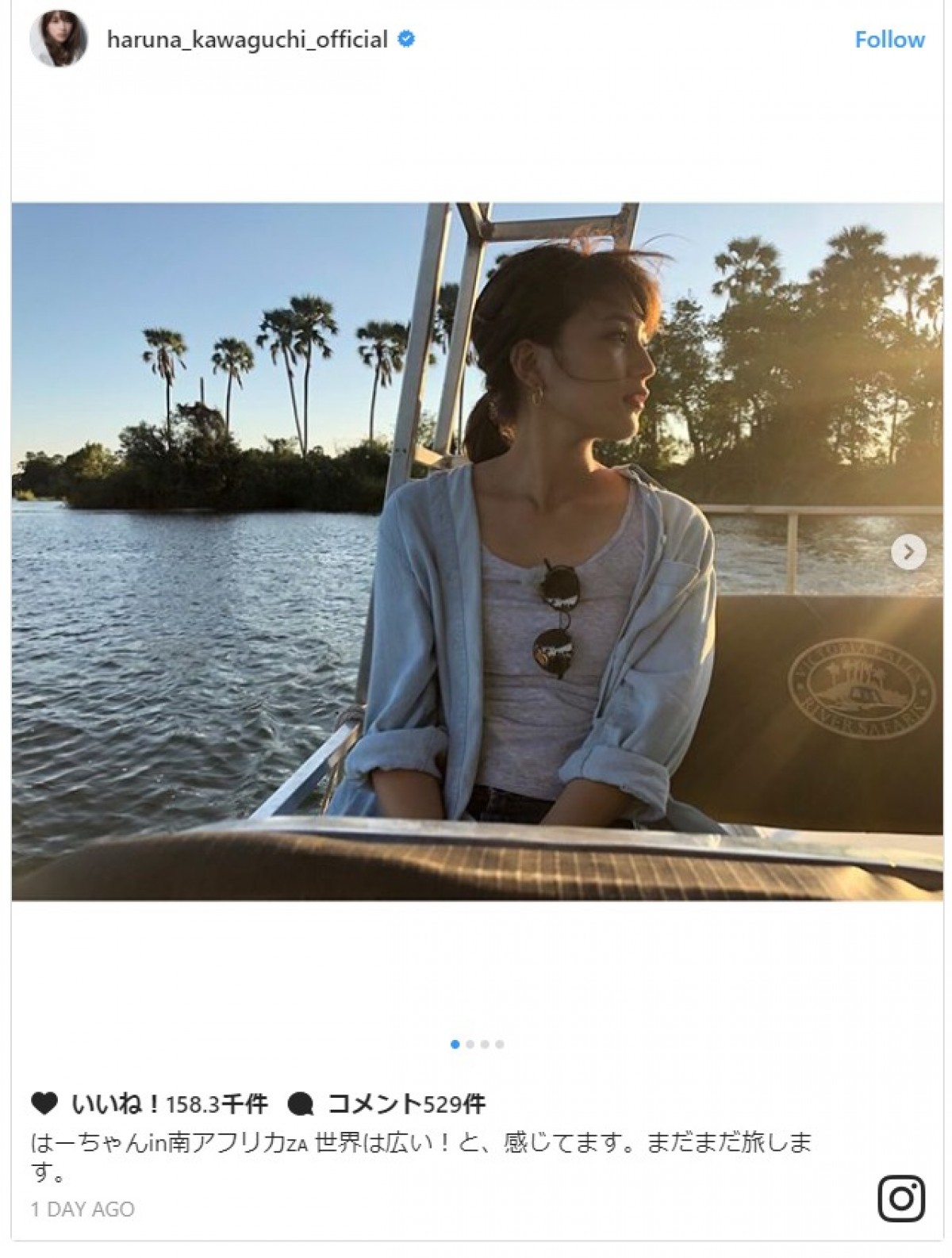 川口春奈、“はーちゃんin南アフリカ” 旅美人な横顔ショット公開 ※「川口春奈」インスタグラム