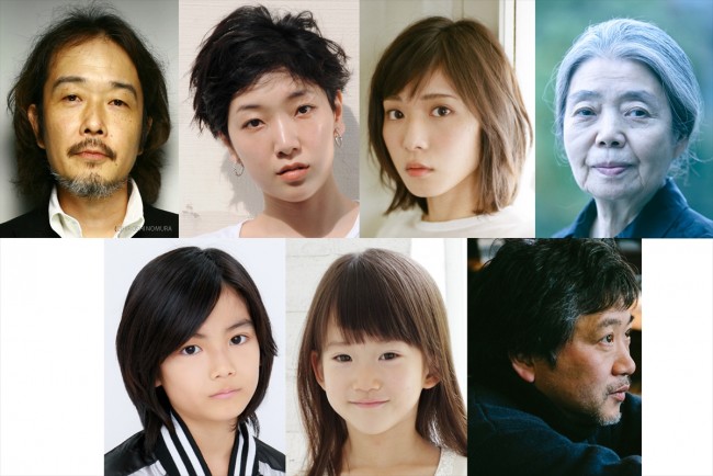 左上から時計回りに、リリー・フランキー、安藤サクラ、松岡茉優、樹木希林、是枝裕和監督、佐々木みゆ、城桧吏