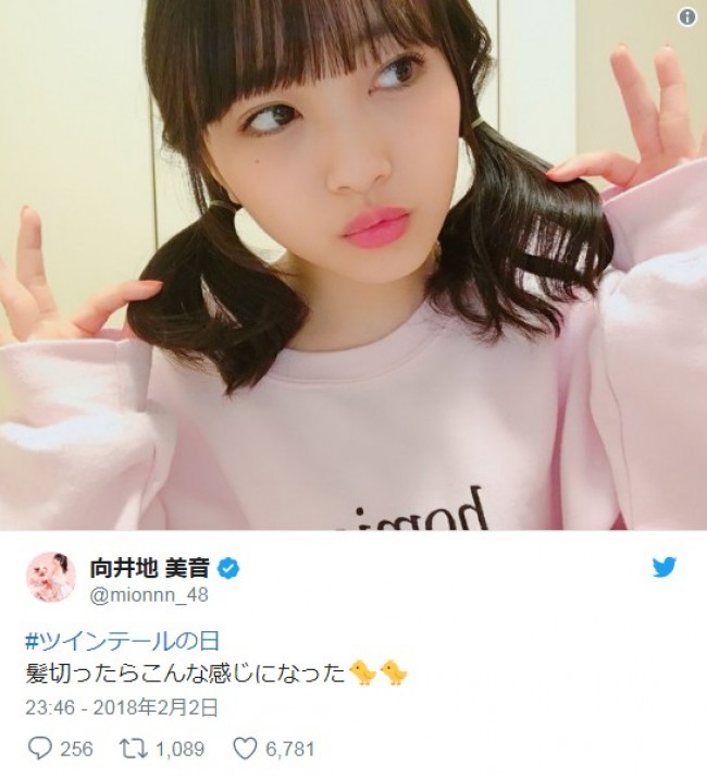 向井地美音、キュートなツインテール姿に反響　※「向井地美音」ツイッター