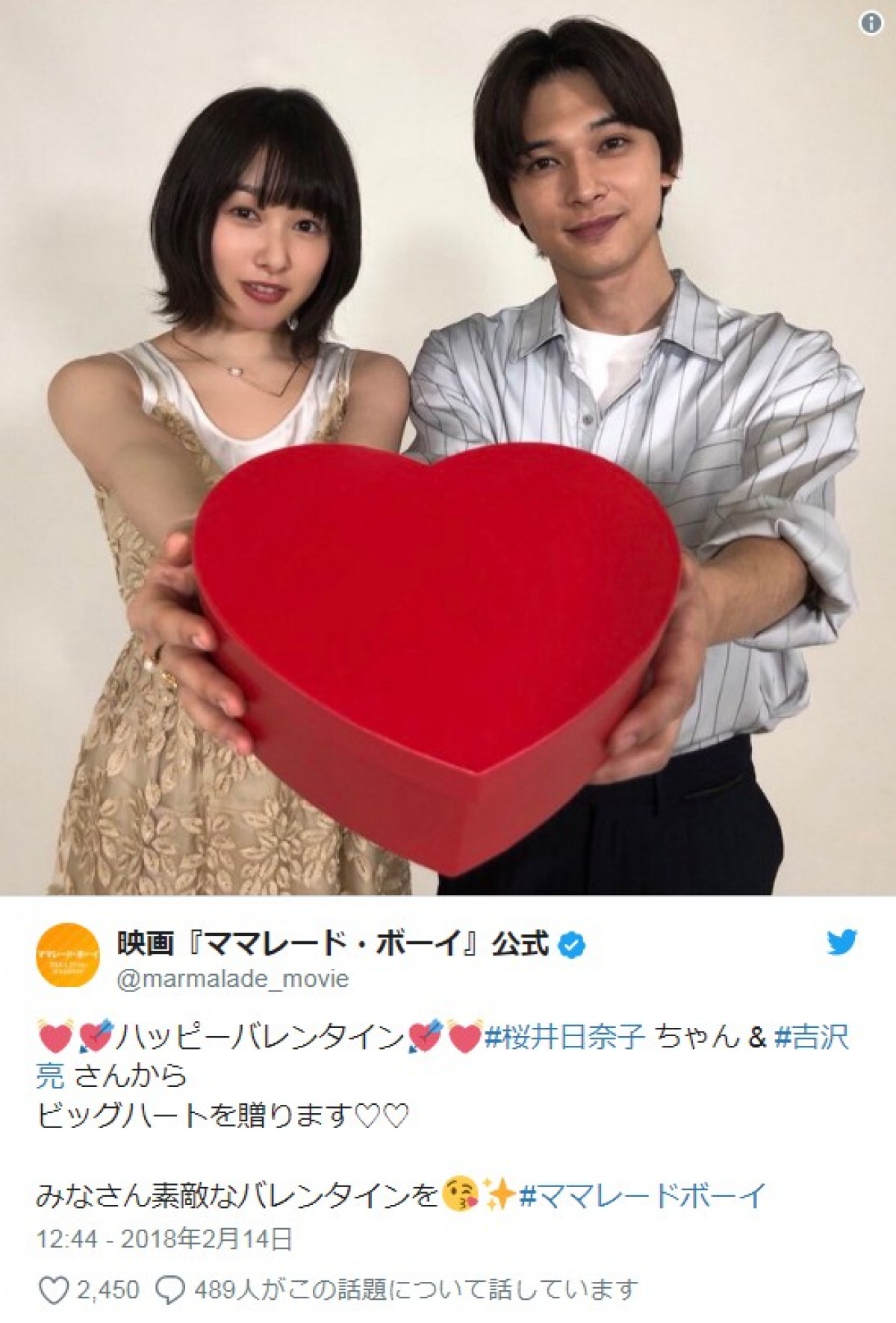 桜井日奈子&吉沢亮からハッピーバレンタインプレゼント! ※映画『ママレード・ボーイ』公式ツイッター