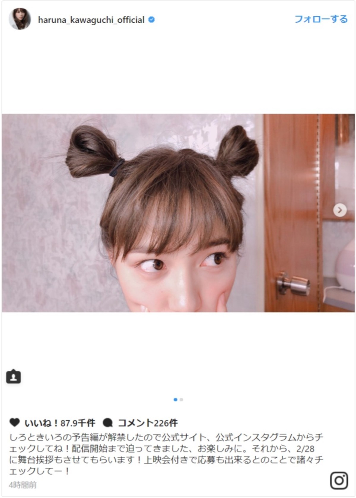 川口春奈、ツインお団子ヘアを披露 ※「川口春奈」インスタグラム