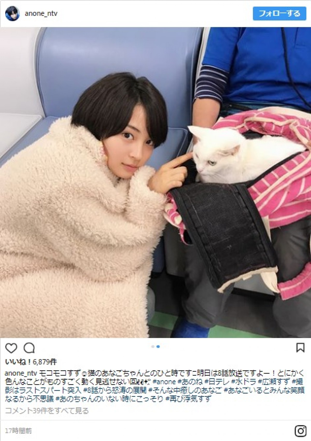 広瀬すず、『anone』共演のネコとのツーショットに「どっちも癒しやぁ」