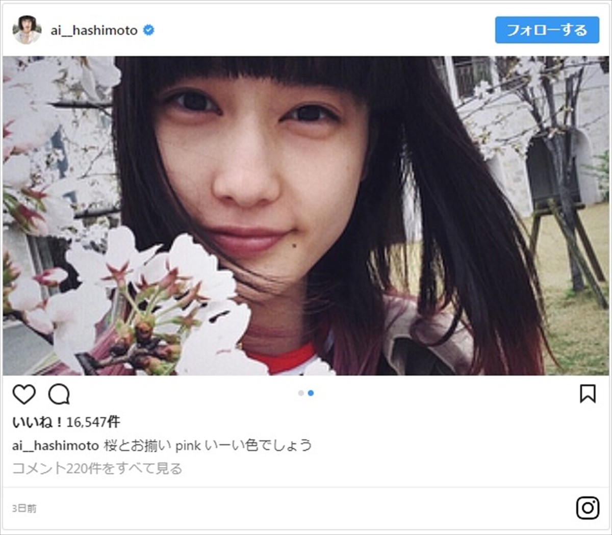 桜に囲まれ、春色の新ヘアを披露した橋本愛 ※「橋本愛」インスタグラム