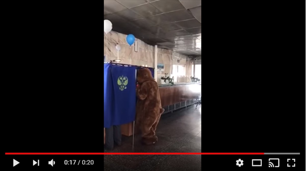 ロシア大統領選でクマ姿の男が投票