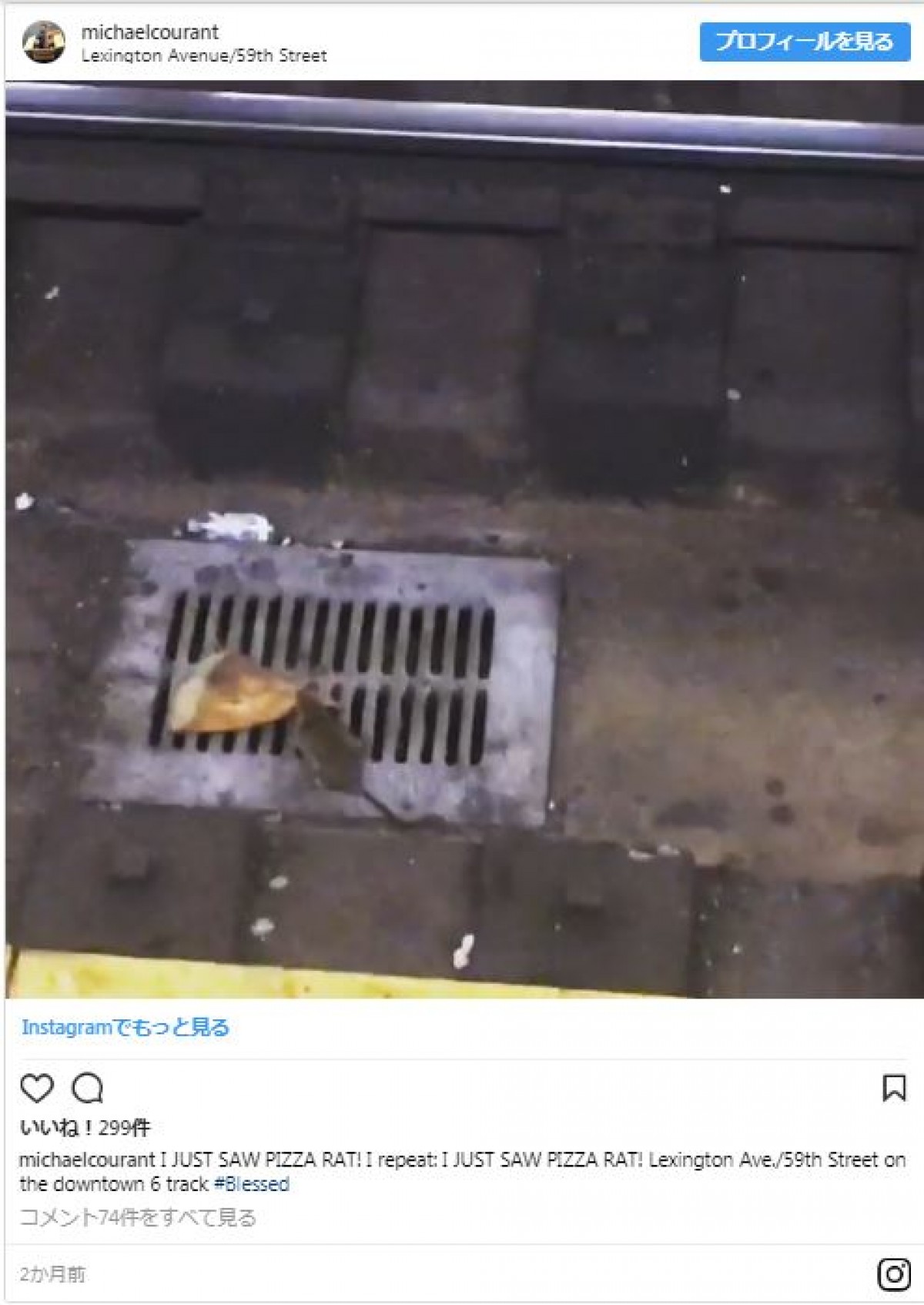 地下鉄のピザ好きねずみ ニューヨーク ※「マイケル・コラント」さんのインスタグラムより