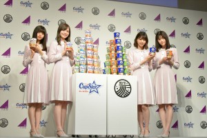 「乃木坂46×カップスター・和ラー 日本中を、もりあげろ！キャンペーン」記者発表会に出席した乃木坂46の（左から）齋藤飛鳥、白石麻衣、西野七瀬、松村沙友理