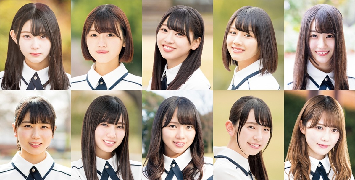 舞台『マギアレコード 魔法少女まどか☆マギカ外伝』に出演するけやき坂46の(上段左から)柿崎芽実、佐々木美玲、富田鈴花、渡邉美穂、潮紗理菜、(下段左から)丹生明里、河田陽菜、齊藤京子、金村美玖、加藤史帆