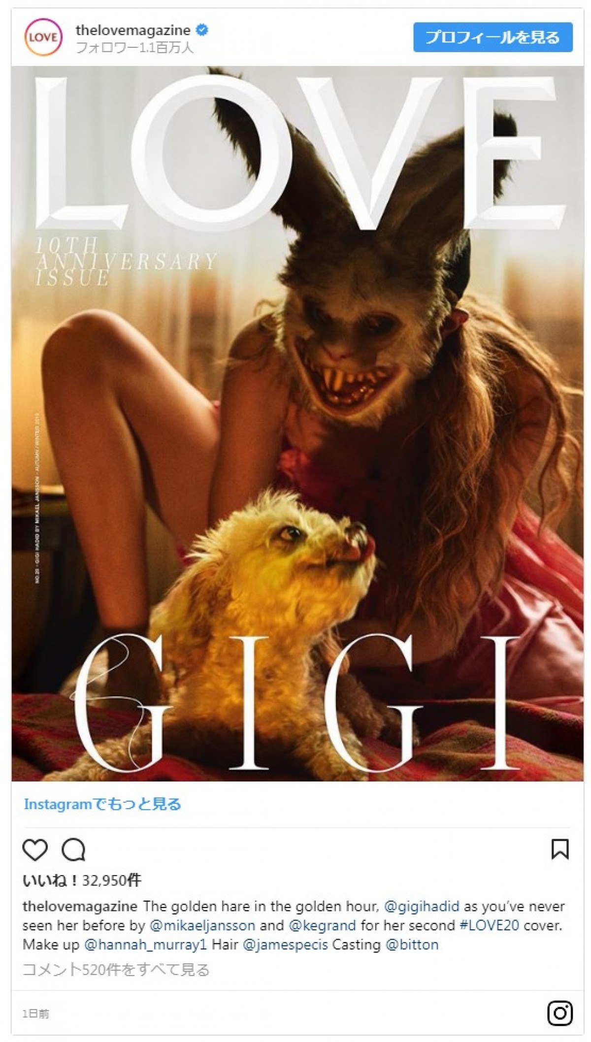 なぜ？ 人気モデルのジジ・ハディッド、怖すぎるお面で雑誌表紙を飾る