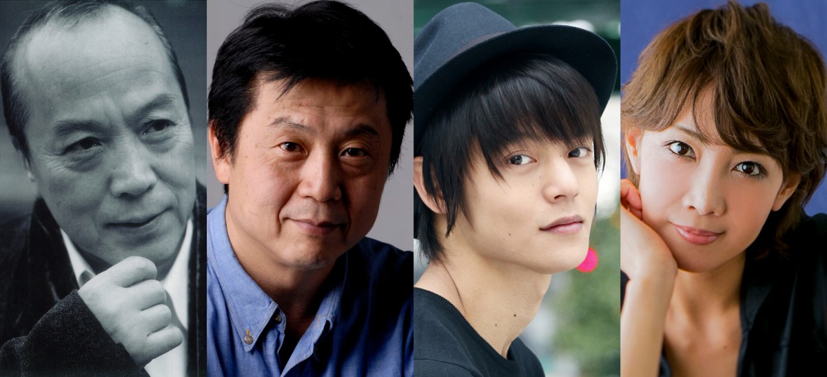 舞台『唐版 風の又三郎』スタッフ&キャスト。左から唐十郎、金守珍、窪田正孝、柚希礼音