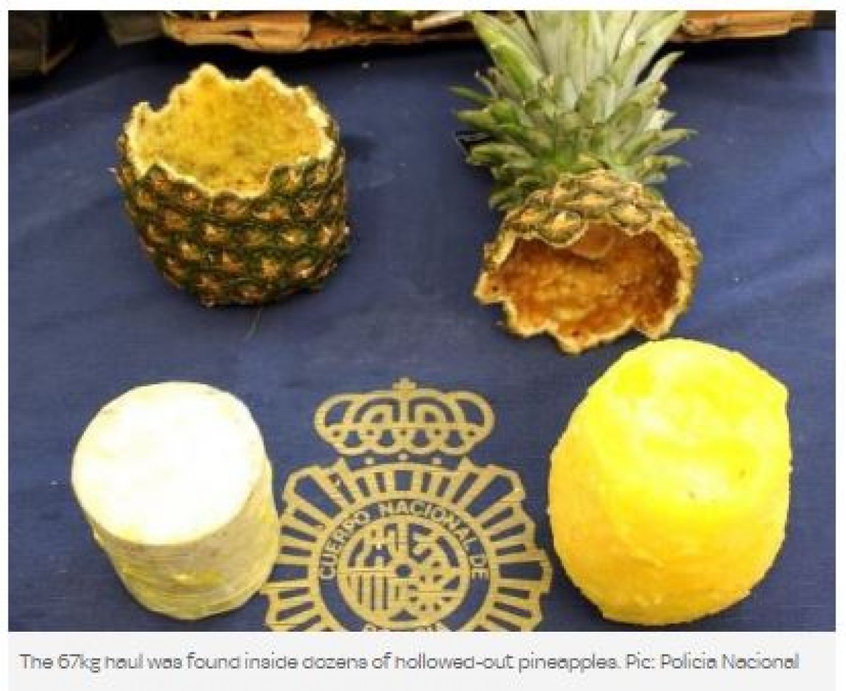 くり抜かれたパイナップルからコカイン67kg！ スペインの市場で発見