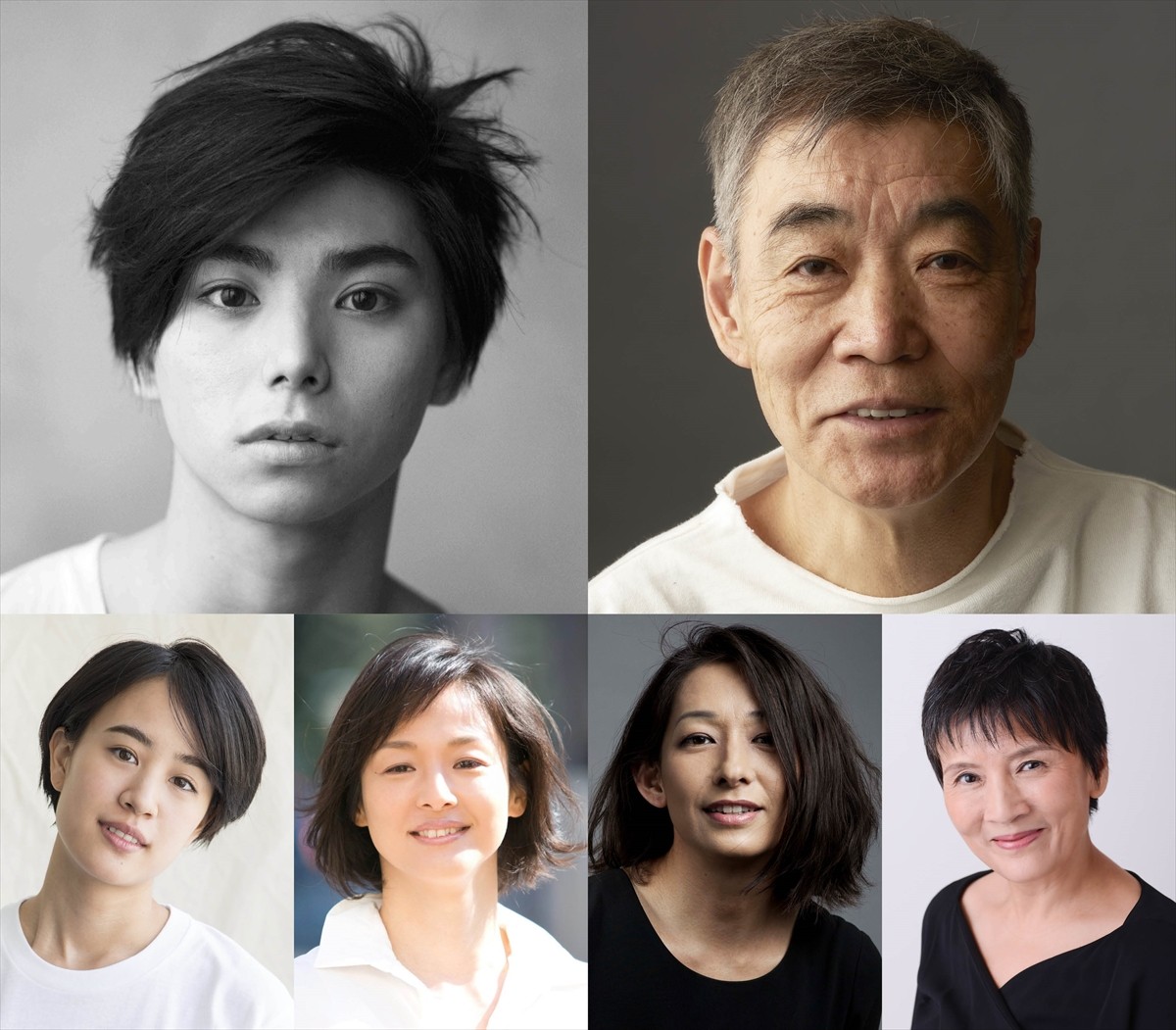 映画『楽園』に出演する左上から村上虹郎、柄本明、(左下から)石橋静河、黒沢あすか、片岡礼子、根岸季衣