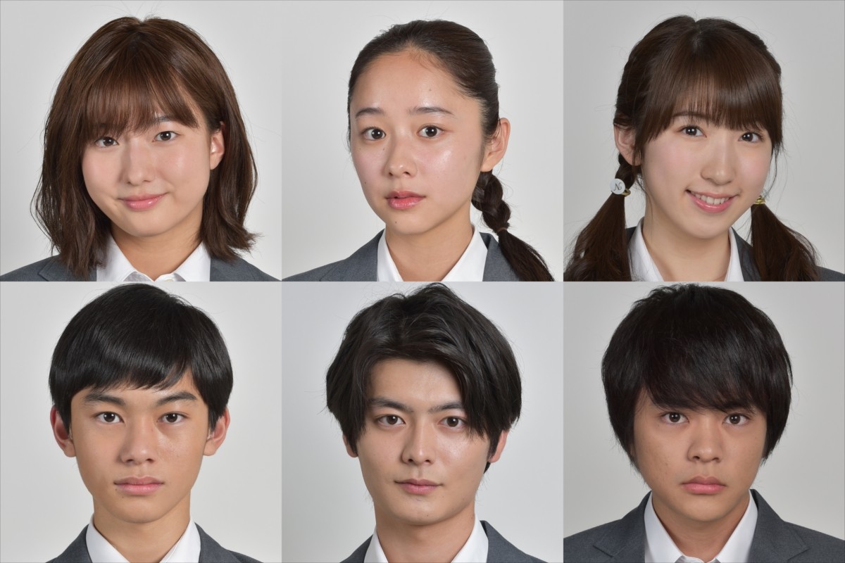 日曜ドラマ『3年A組 ―今から皆さんは、人質です―』出演キャスト (上段左から)搗宮姫奈、堀田真由、日比美思、(下段左から)森山瑛、三船海斗、今井悠貴