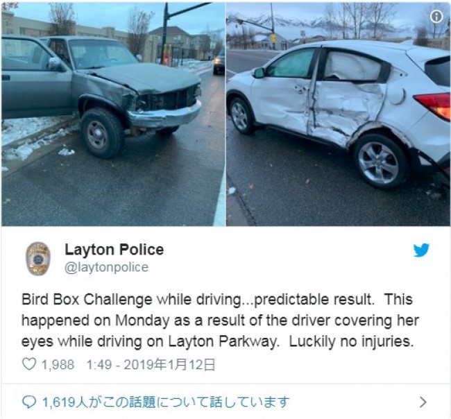 「バード・ボックス」チャレンジで起こった衝突事故 ※「Layton Police」ツイッター