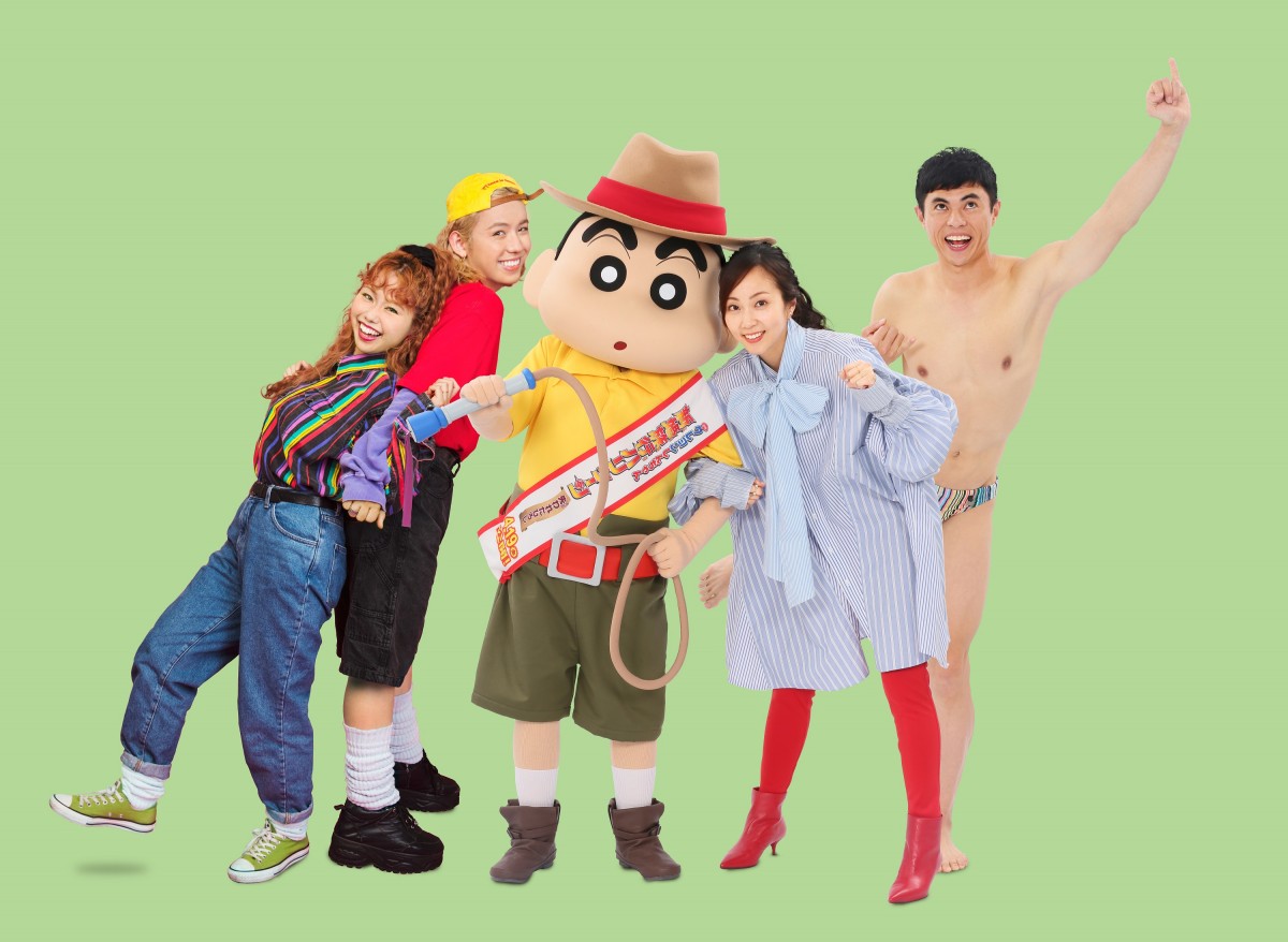 『映画クレヨンしんちゃん 新婚旅行ハリケーン ~失われたひろし~』にゲスト声優で出演する、(左から)ぺこ&りゅうちぇる、木南晴夏、小島よしお