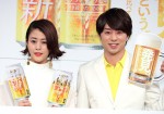 （左から）新『クリアアサヒ』CM発表会に登場した高畑充希、櫻井翔
