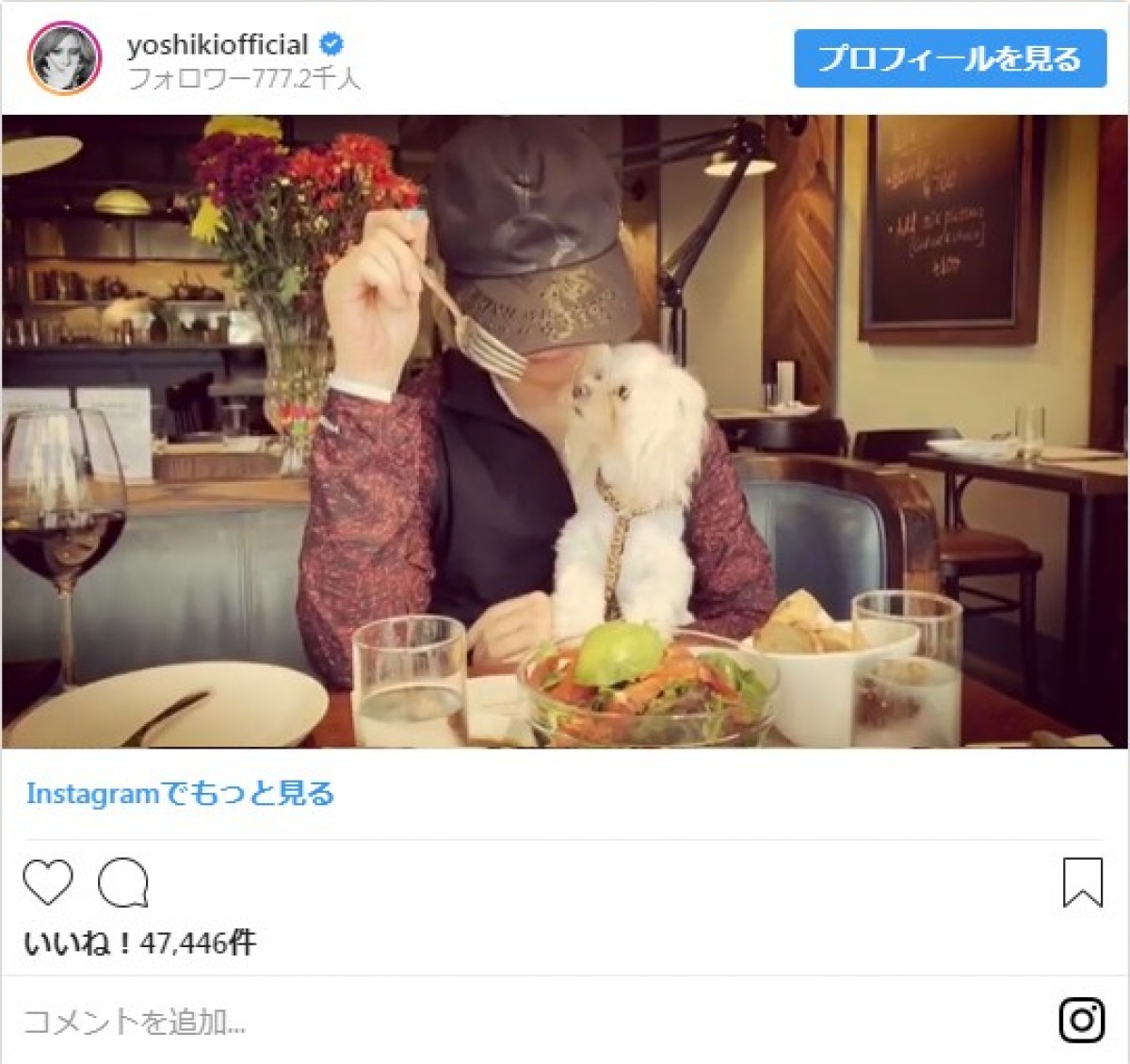 YOSHIKI、愛犬と一緒にランチ　仲むつまじい姿に「一生見てられる」と反響