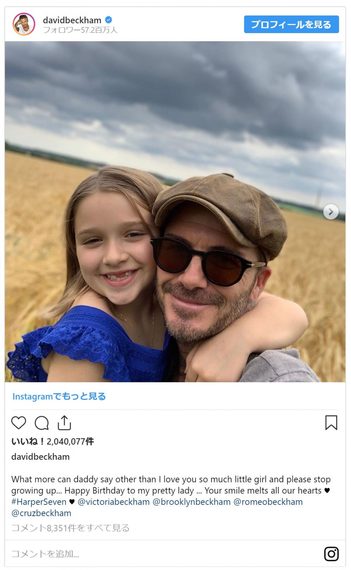 デヴィッド・ベッカム、愛娘ハーパーちゃんとおそろいパーカー　キュートな2ショット公開