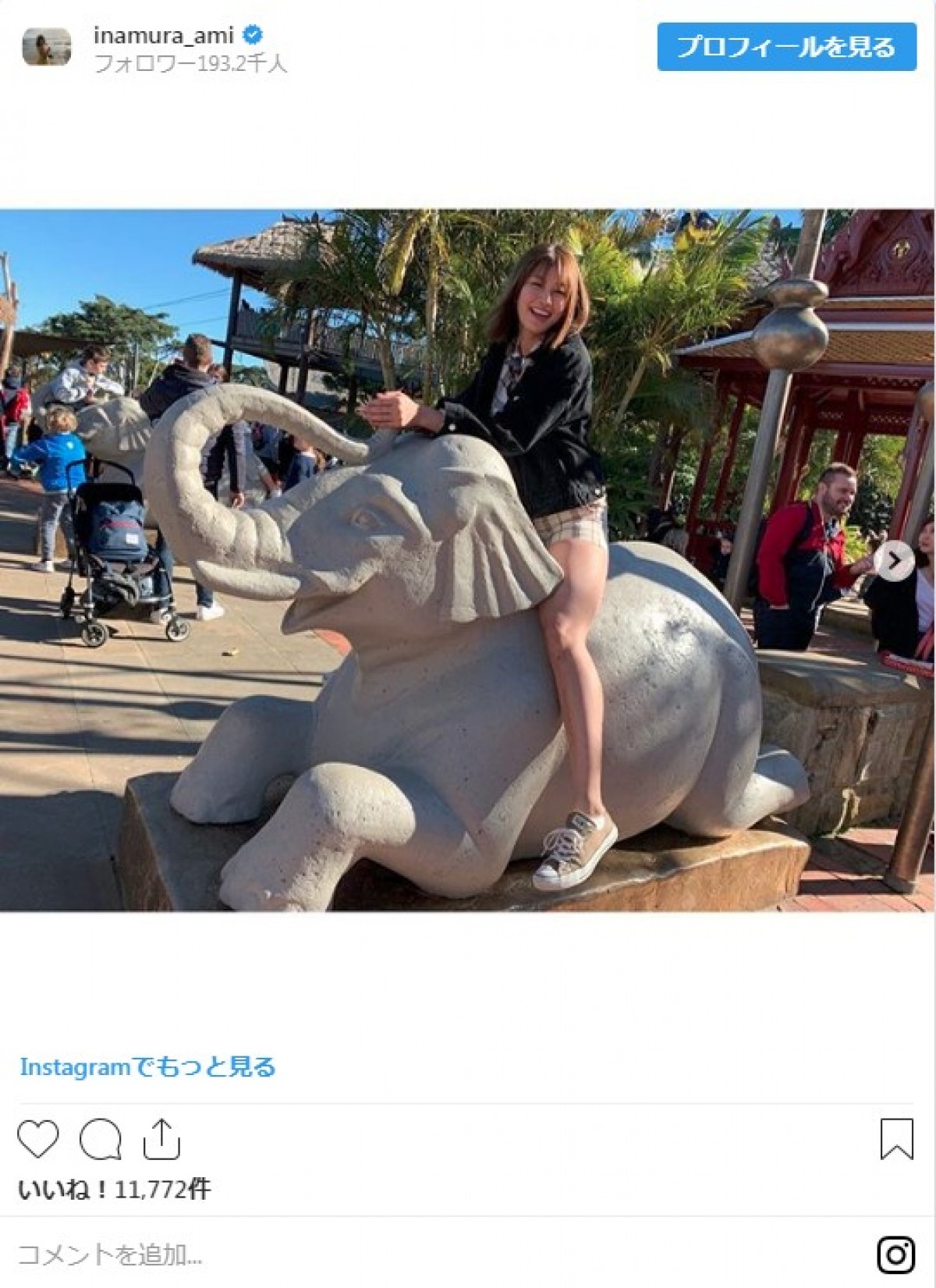 稲村亜美、“象”に乗って美脚を披露 「脚が長すぎ！」の声