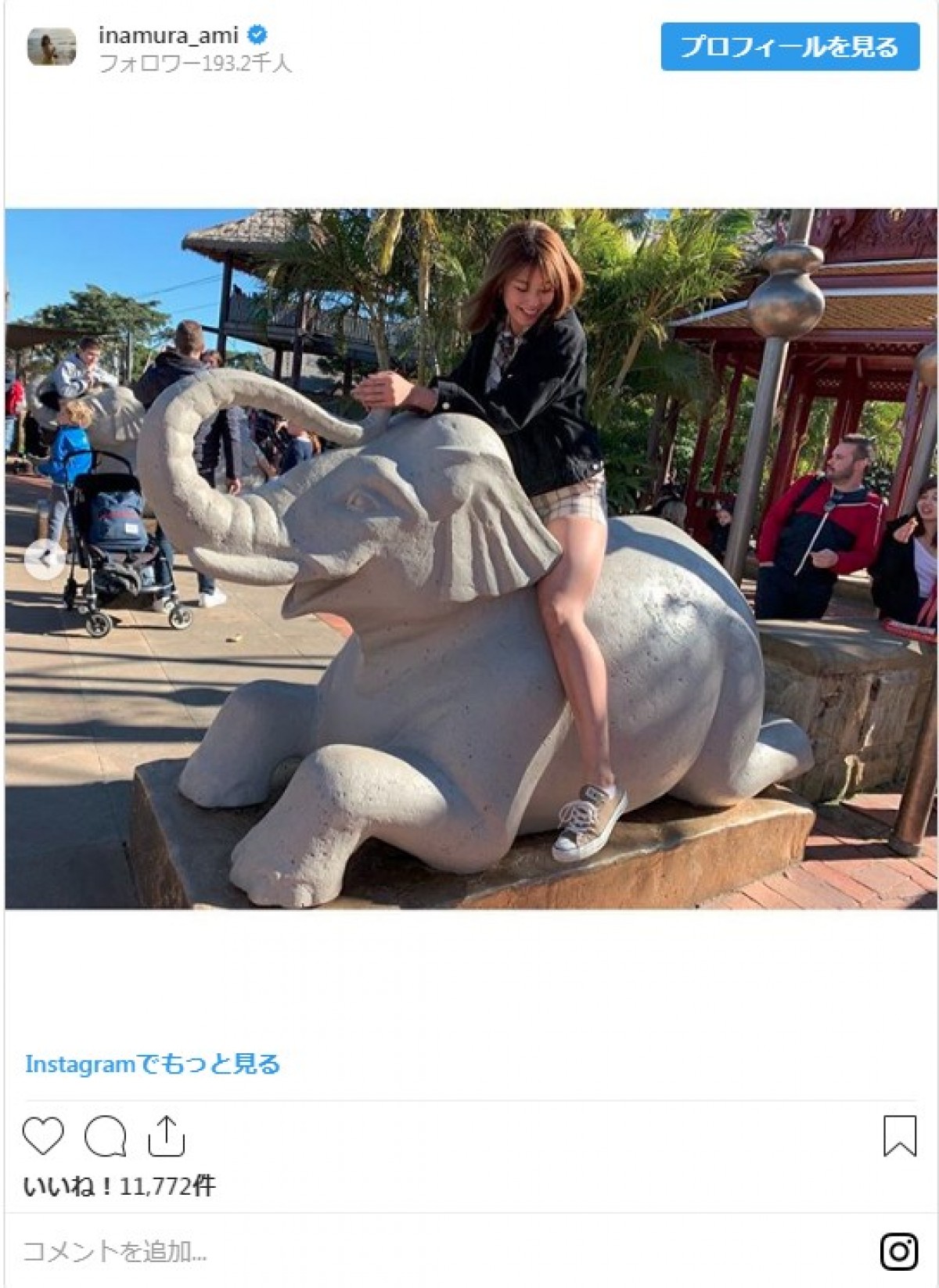 稲村亜美、“象”に乗って美脚を披露 「脚が長すぎ！」の声