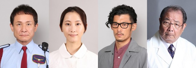 月9ドラマ『シャーロック』第1話に出演する（左から）木下ほうか、松井玲奈、淵上泰史、平泉成
