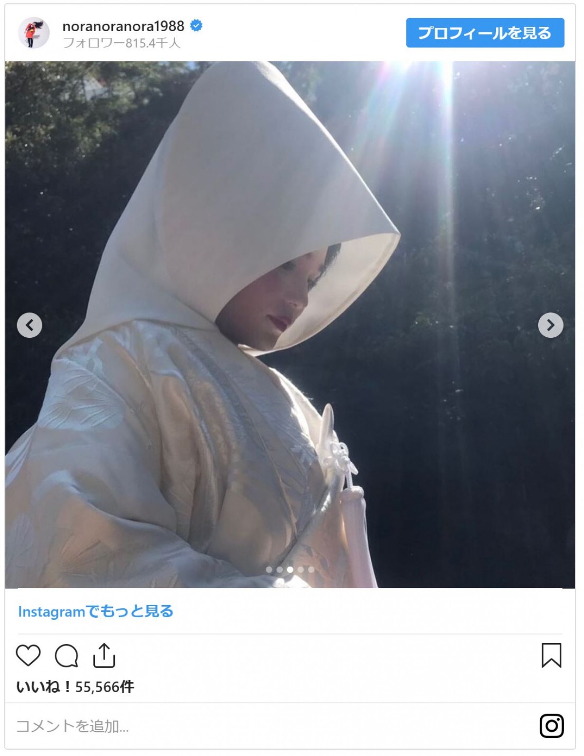 平野ノラ、結婚式の写真を公開　美しい白無垢姿に祝福殺到