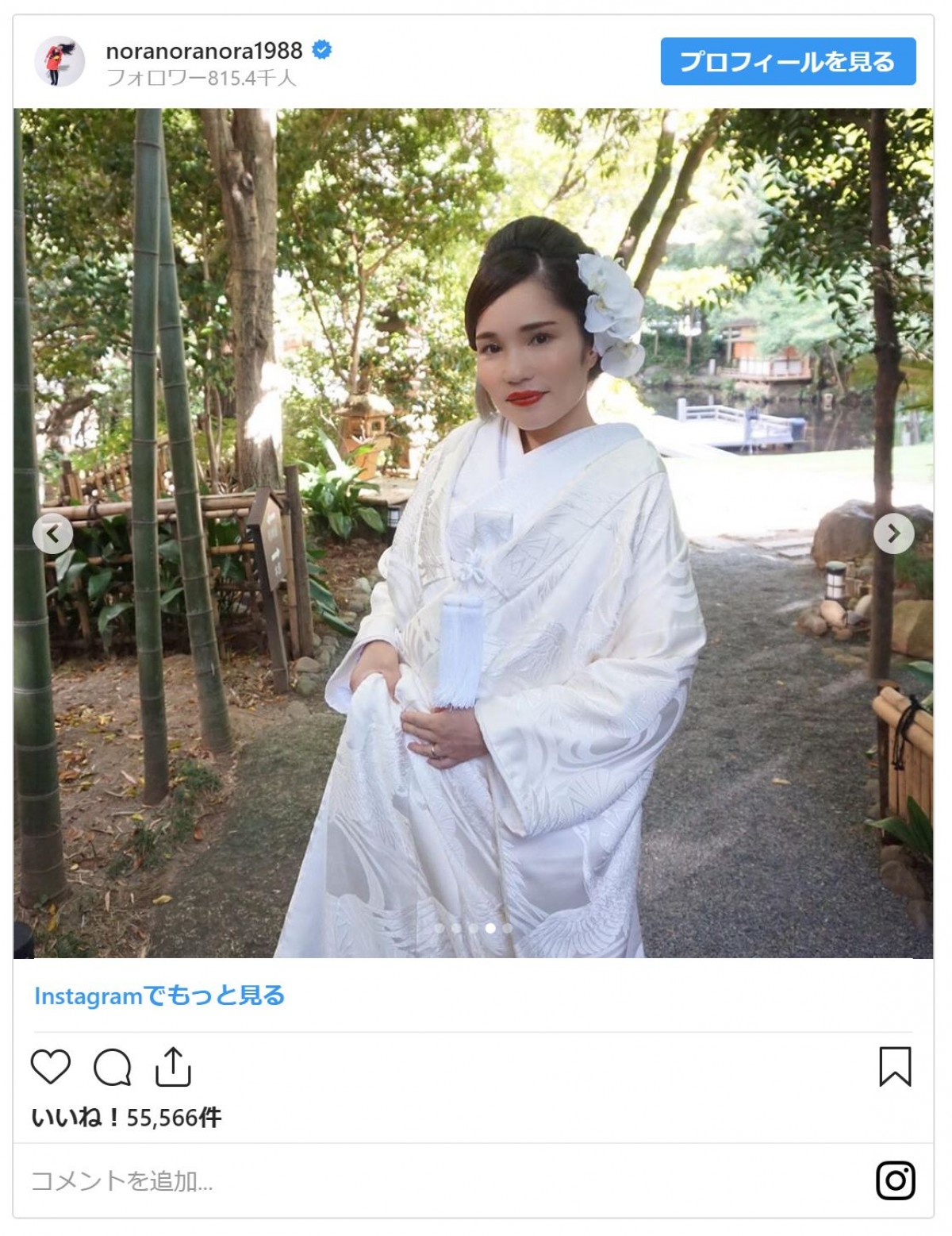 平野ノラ、結婚式の写真を公開　美しい白無垢姿に祝福殺到